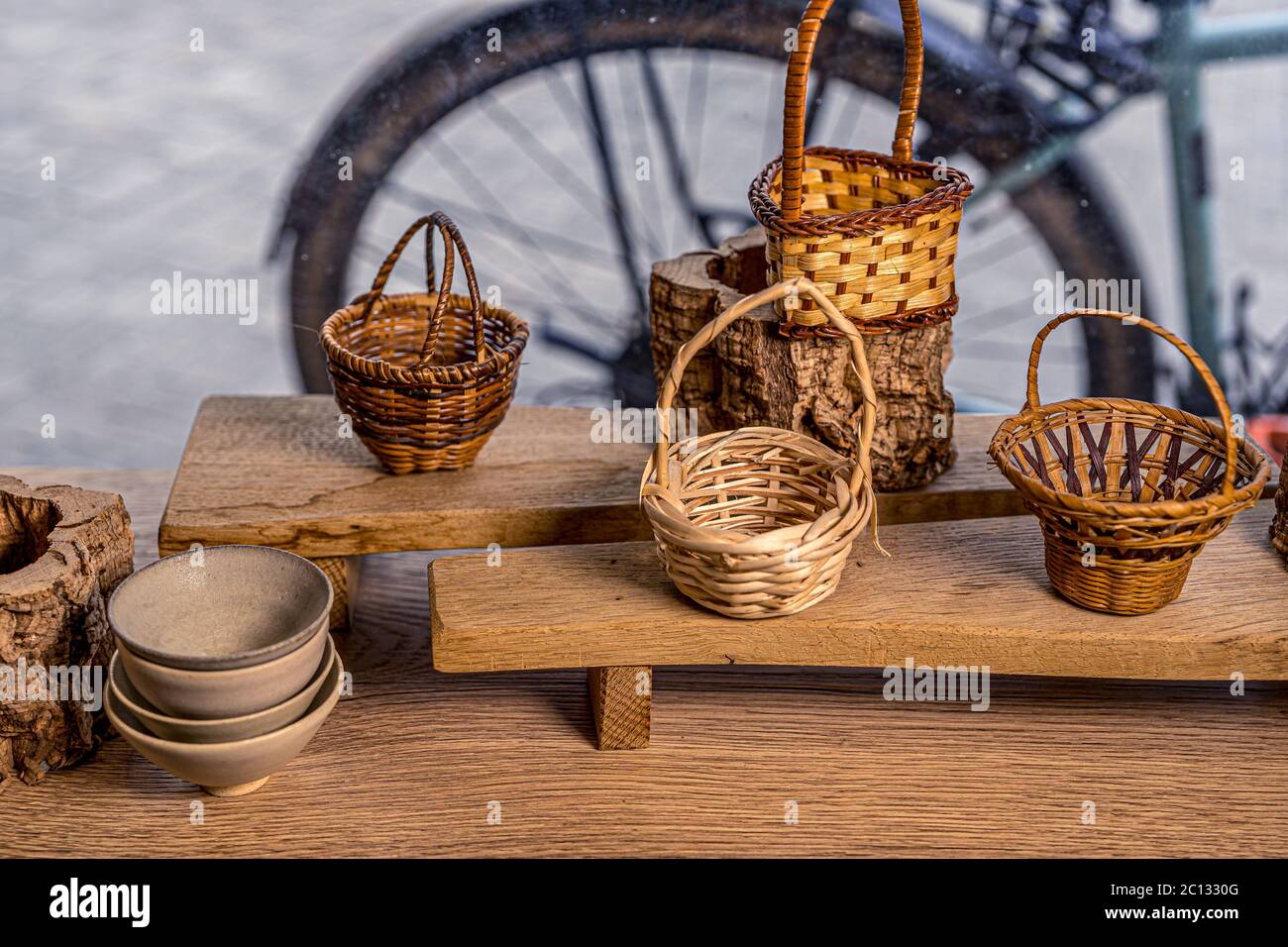 Rustic wicker baskets decoration vitrine. Home decor. Natural product.  Handmade style Stock Photo - Alamy