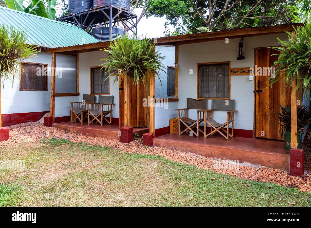 Hotel rooms at the Nile River Explorers river camp and hostel near Jinja, uganda, Africa Stock Photo