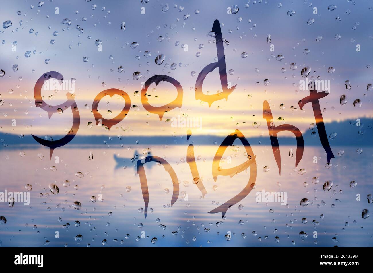 Rain on glass with Good night text Stock Photo - Alamy