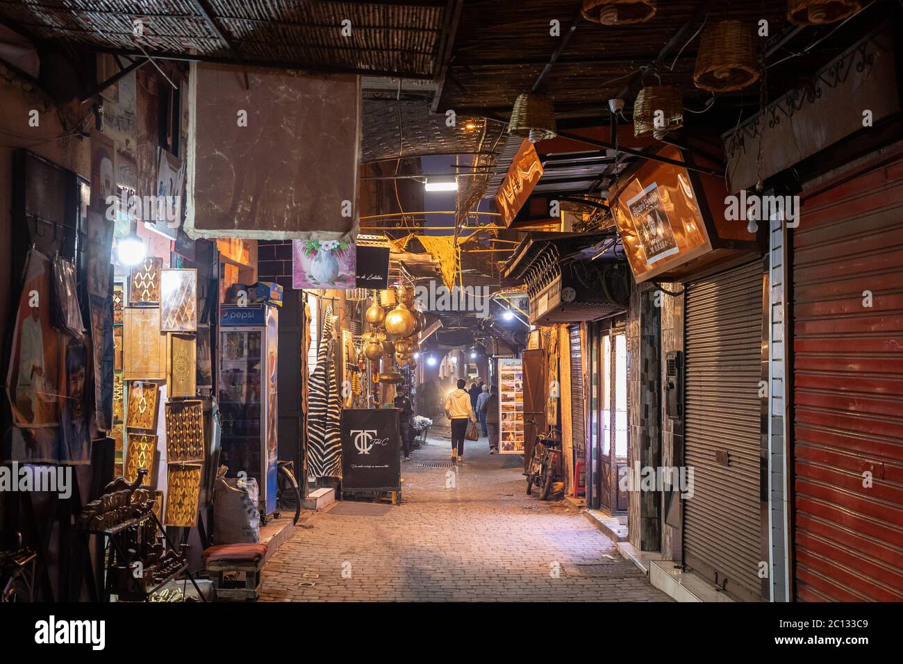 Streets, souks and shops inside the medina in Marrakesh (Marrakech), Morocco, Africa at night Stock Photo