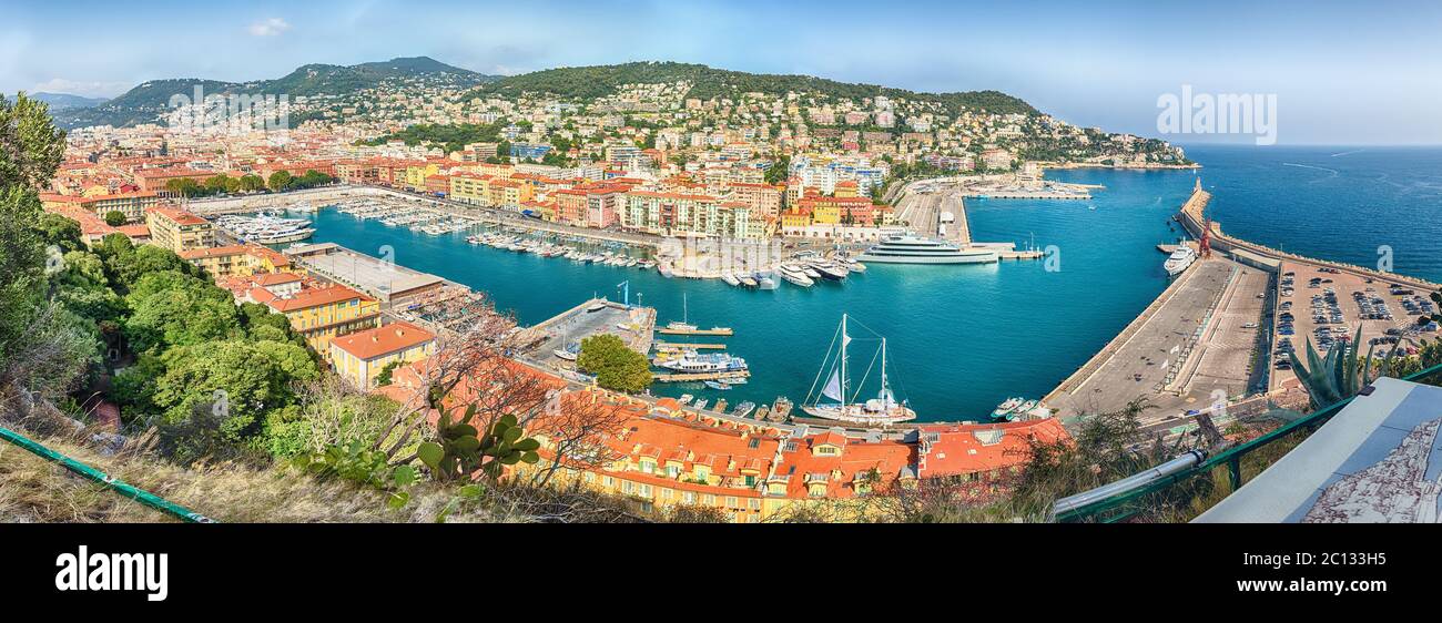 Panoramic aerial view of the Port of Nice, aka Port Lympia, as seen from the Chateau hill, Nice, Cote d'Azur, France Stock Photo