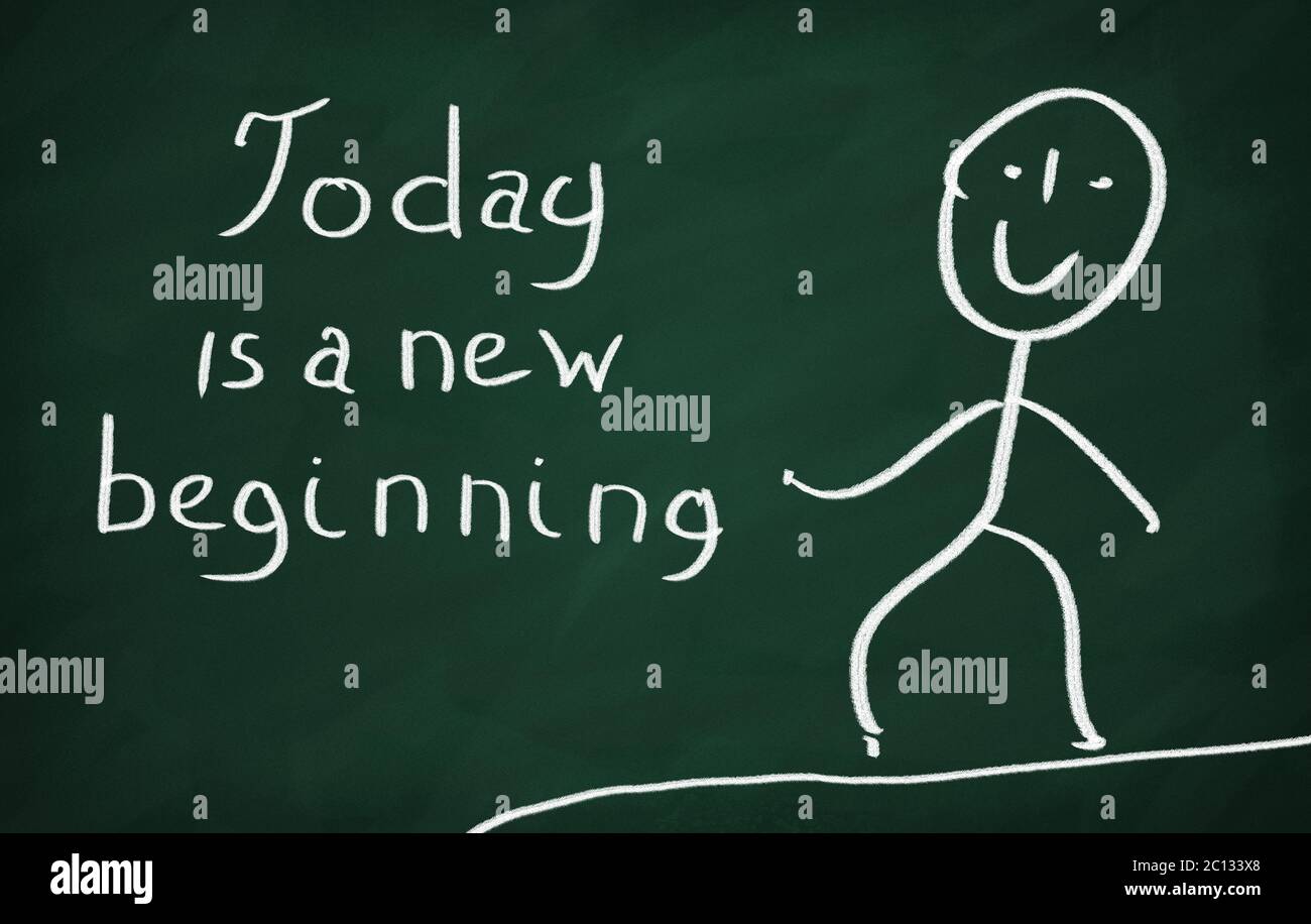 On the blackboard draw character and write Today is a new beginning Stock Photo