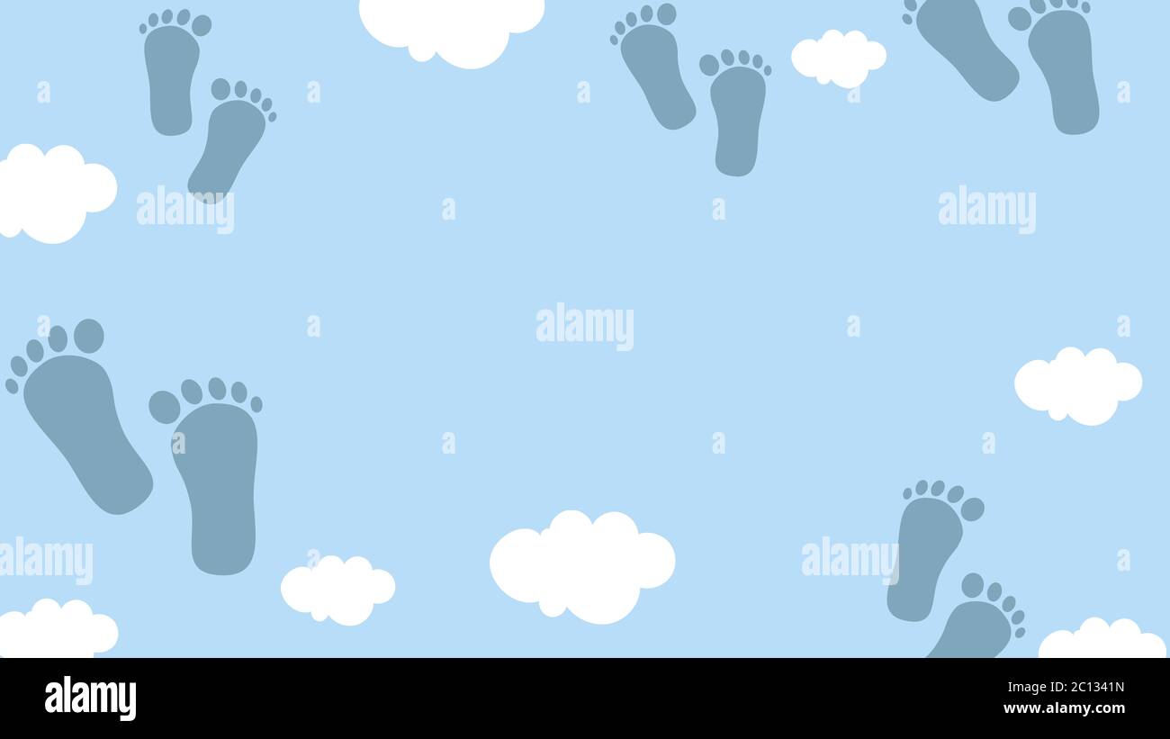 Empty banner, card or background in blue colors with clouds and feets.  Suitable for greeting cards, birthday invitations, baby shower, welcome baby.  S Stock Photo - Alamy