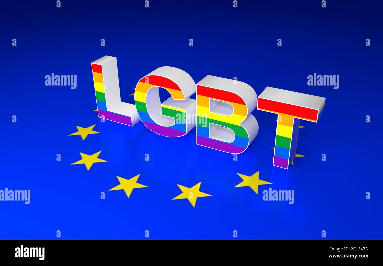 Illustration of LGBT sign and Europe Union flag. 3D rendering. Stock Photo