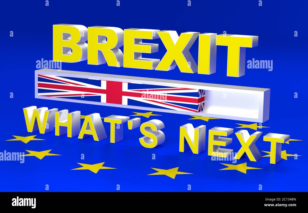 The text and loading bar symbolize GB leaving EU. Text written Brexit What's next. 3D rendering Stock Photo