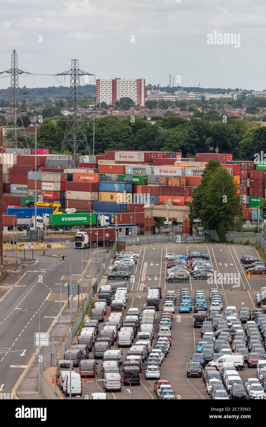 Parking lot full of cars in the port of Southampton. Shipping