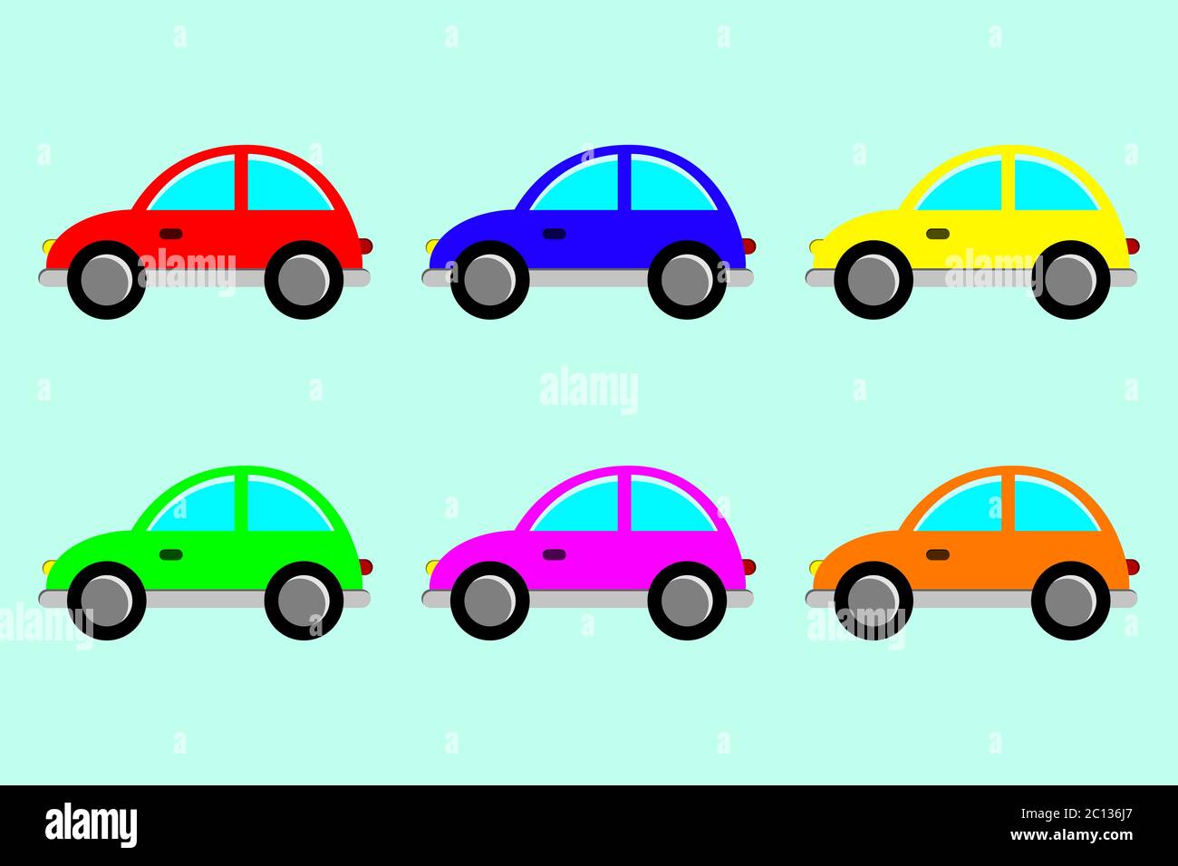 6 round shaped cars in 6 different colors - flat design Stock Vector