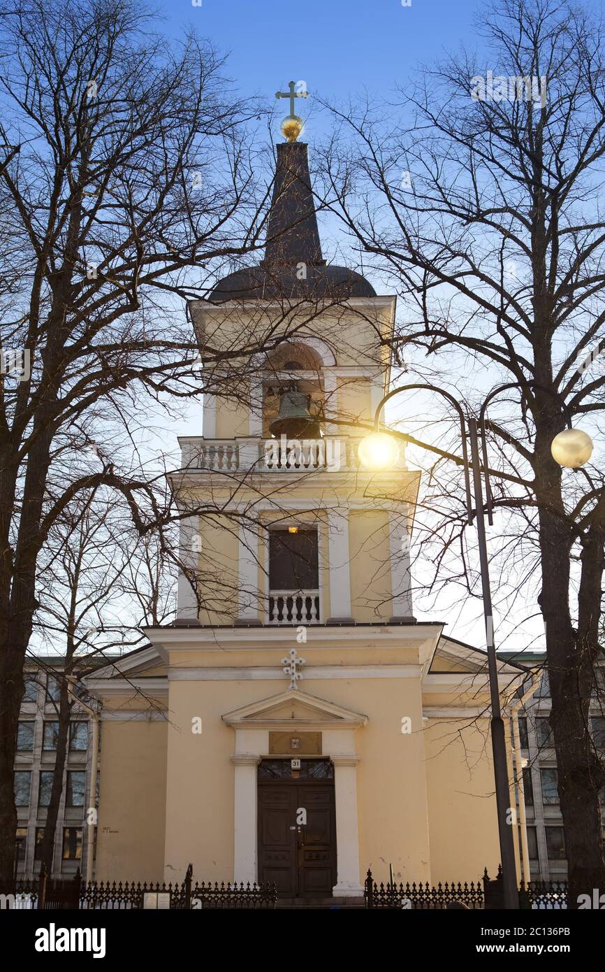 Belltower of Holy Trinity Church, Helsinki. Was built in the neo classical style in 1826 Stock Photo