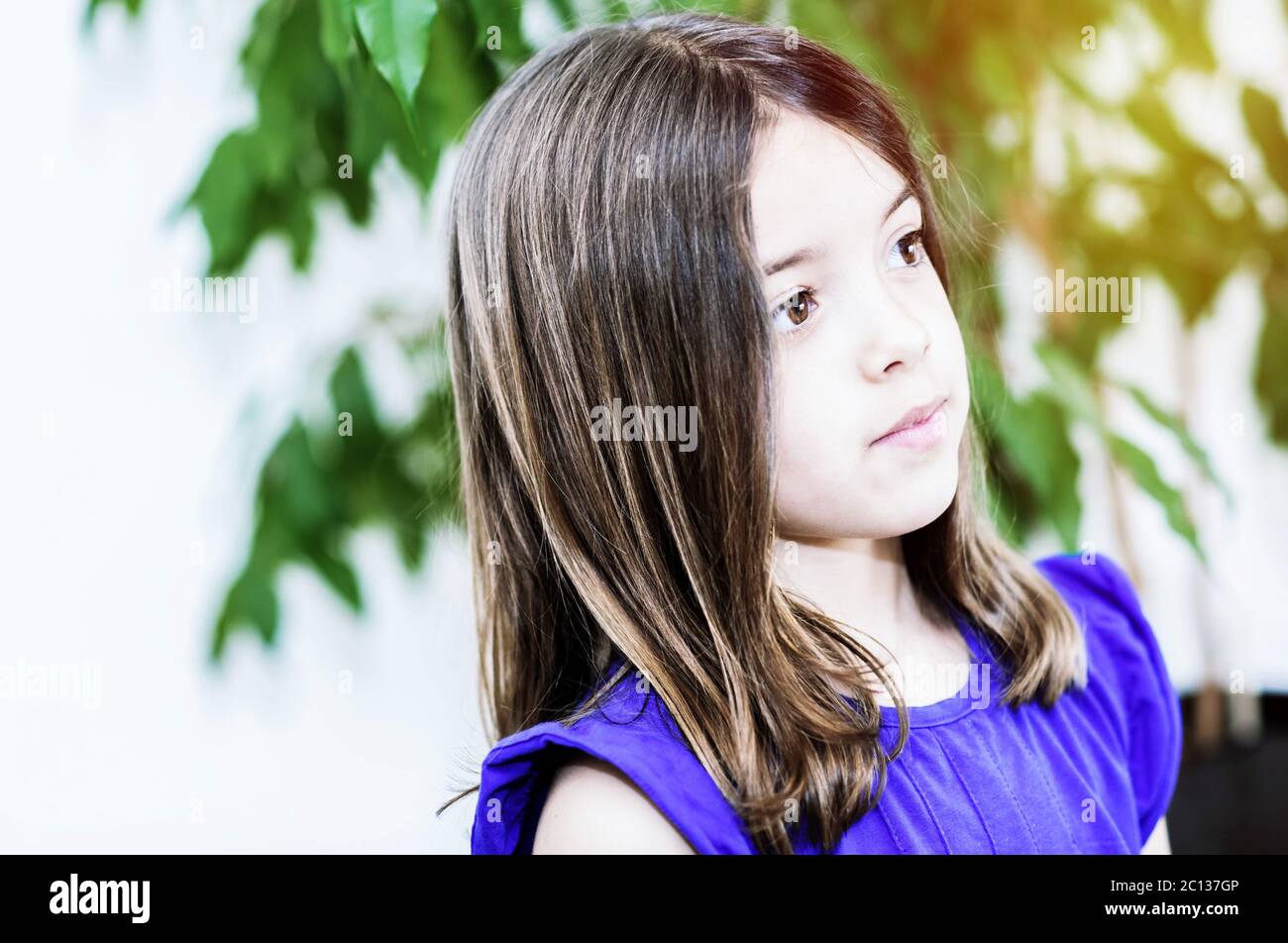 Portrait of cute girl concentrated Stock Photo