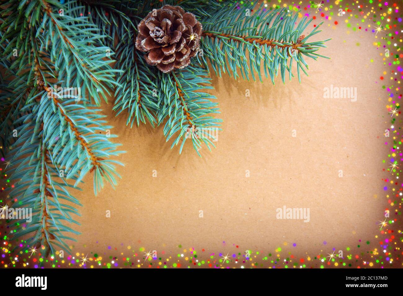 Christmas background with fir tree branch and lights Stock Photo - Alamy