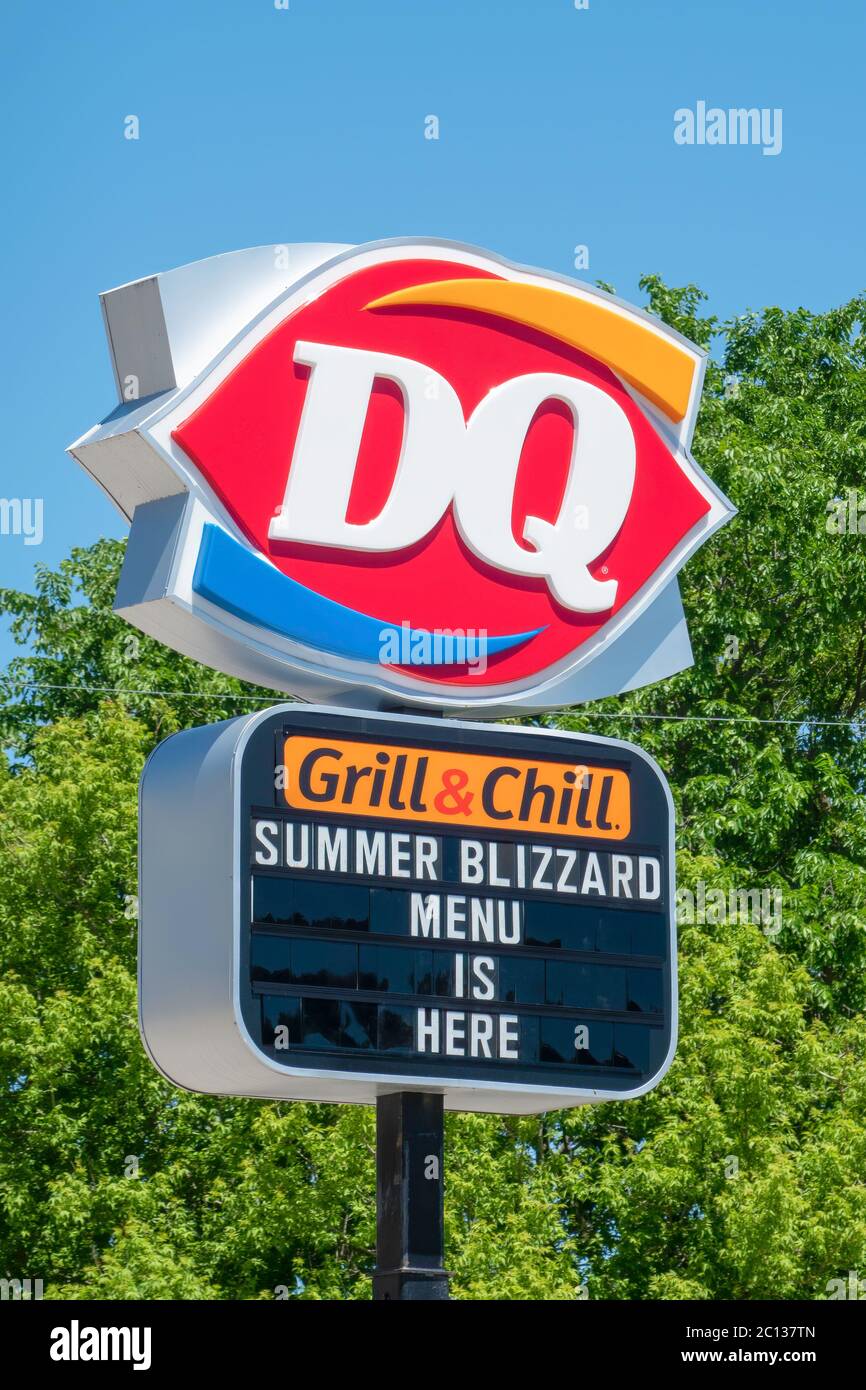 Colourful sign indicating the location of a Dairy Queen, an American