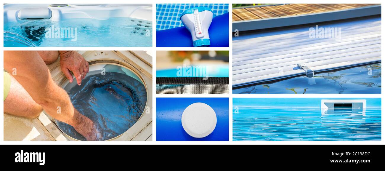 Collage close-up maintenance of a private pool Stock Photo