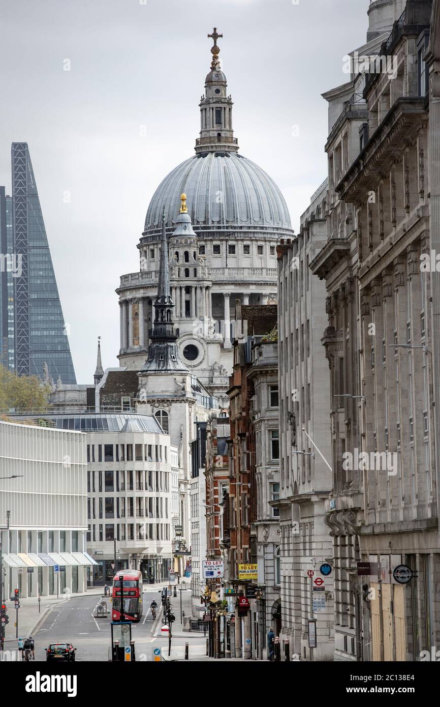 From Fleet St looking at Ludgate Hill in London almost deserted on 13 April 2020 during the lockdown for the Covid 19 pandemic and Easter holiday. Stock Photo