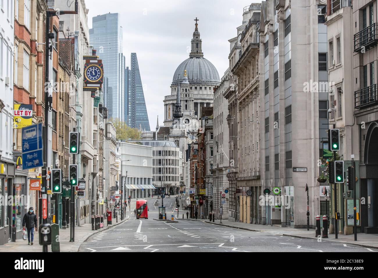 From Fleet St looking at Ludgate Hill in London almost deserted on 13 April 2020 during the lockdown for the Covid 19 pandemic and Easter holiday. Stock Photo