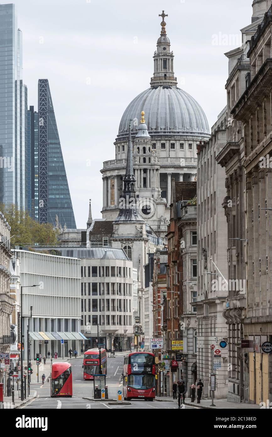 From Fleet St looking at Ludgate Hill in London almost deserted on 13 April 2020 during the lockdown for the Covid 19 pandemic and Easter holiday. Stock Photo