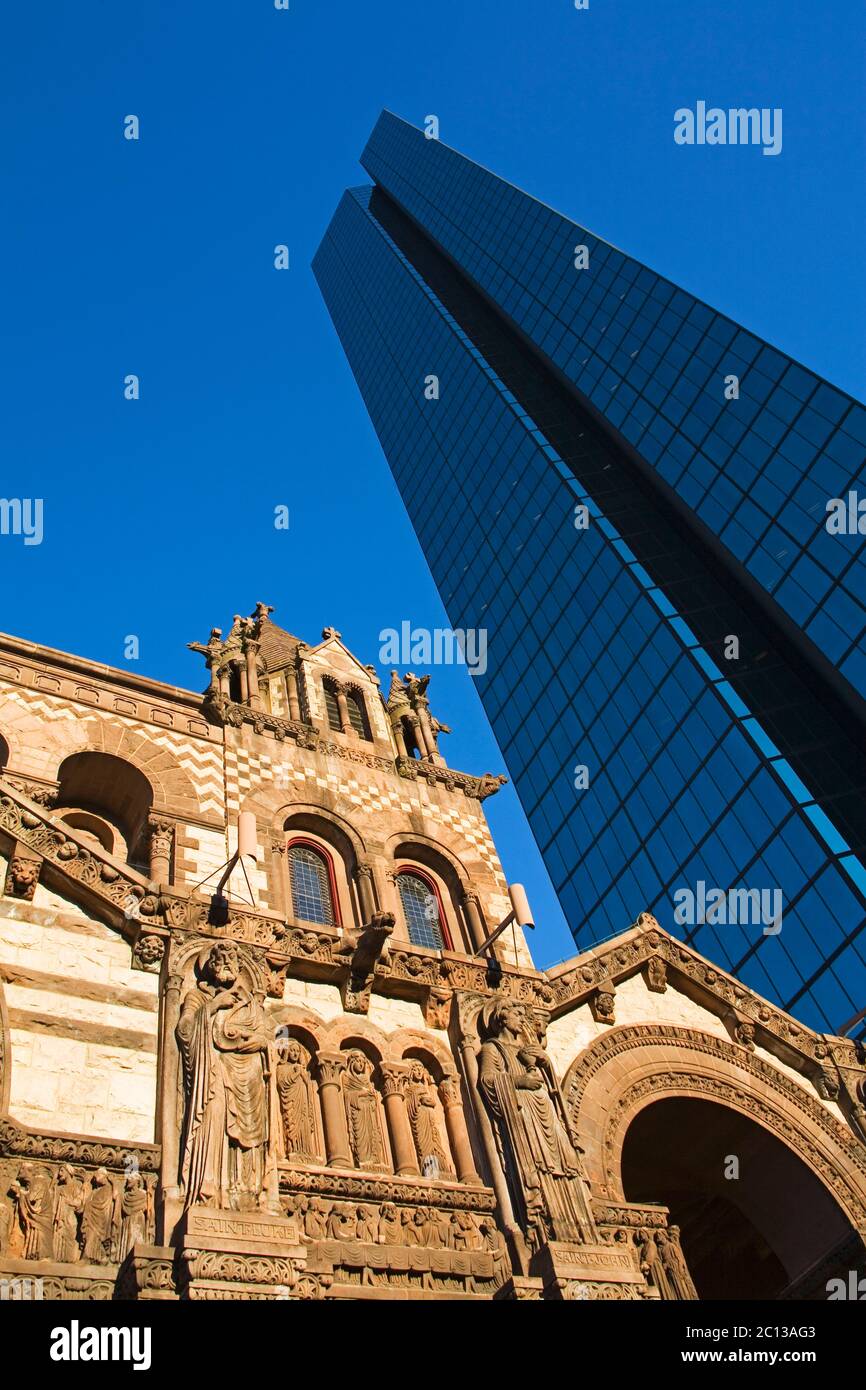 Trinity Church & Hancock Tower,  Copley Square, Boston, Massachusetts, USA Stock Photo