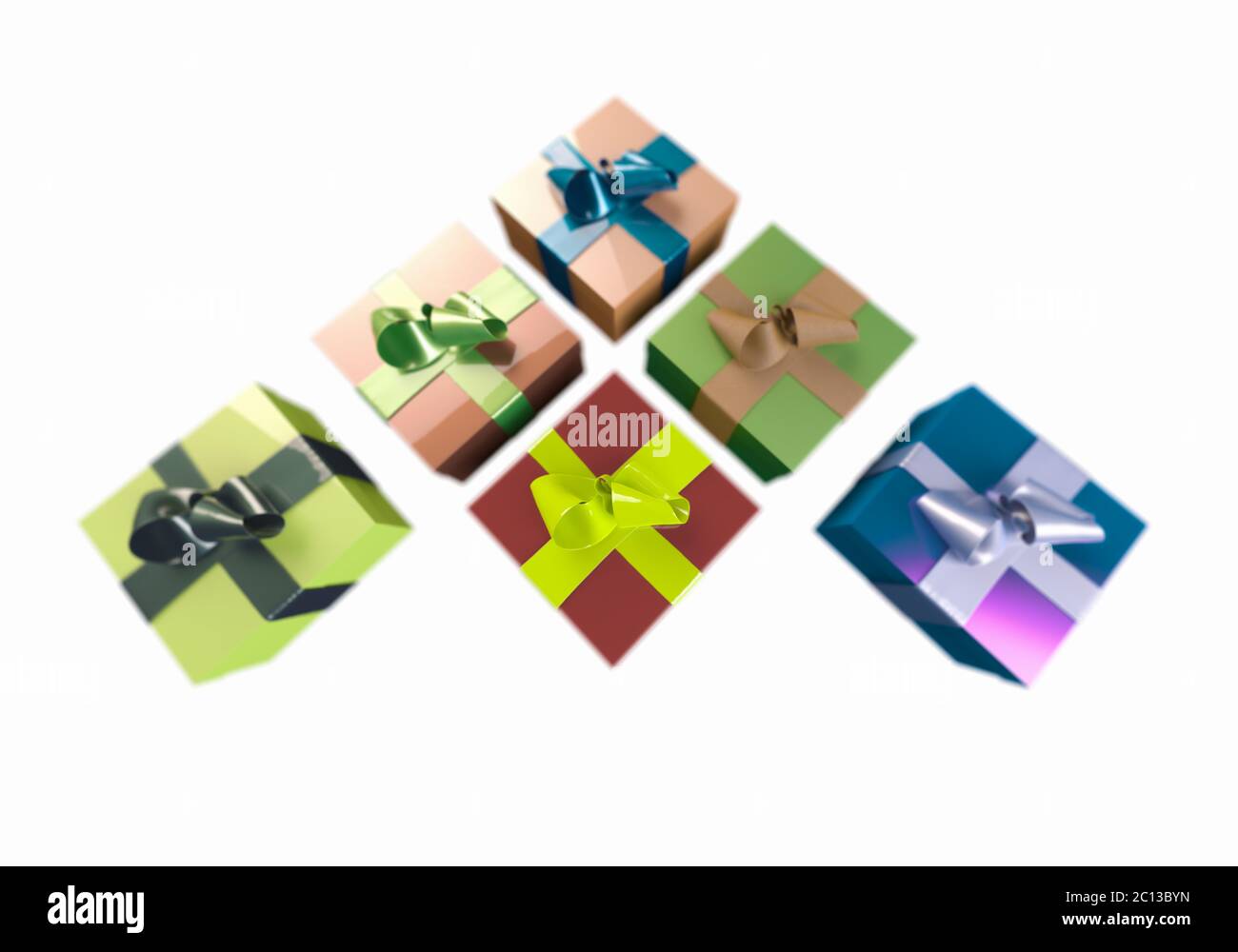 Colorful and striped boxes with gifts tied bows on white background. 3d ...