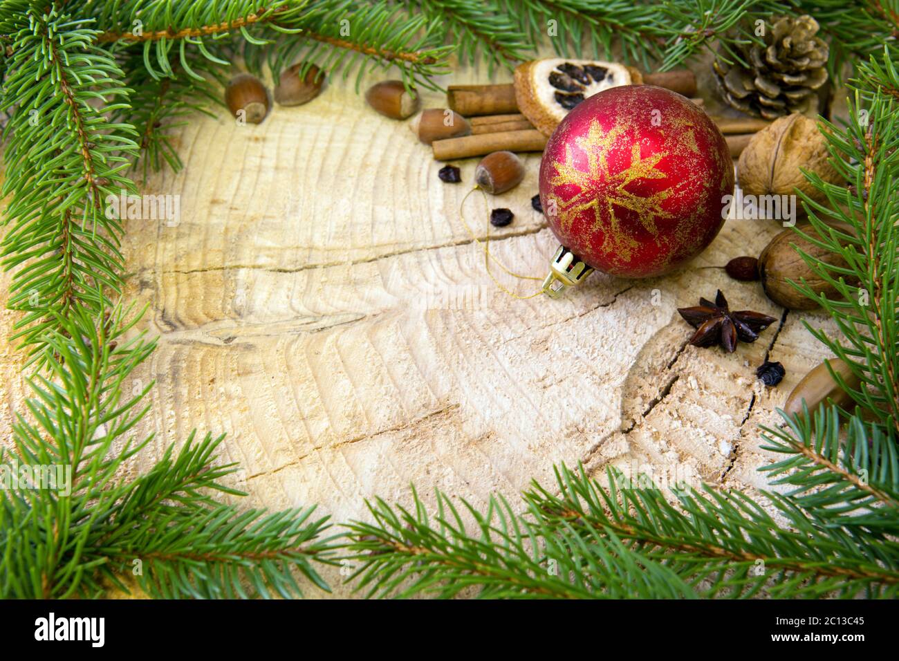 Christmas frame decorated with red bauble and fir branches Stock Photo ...