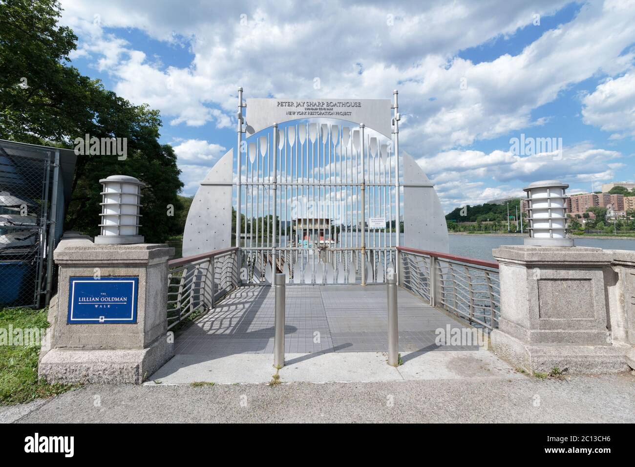 the gate to the Peter Jay Sharp Boathouse on the Harlem River which offers water sports and recreation programs Stock Photo