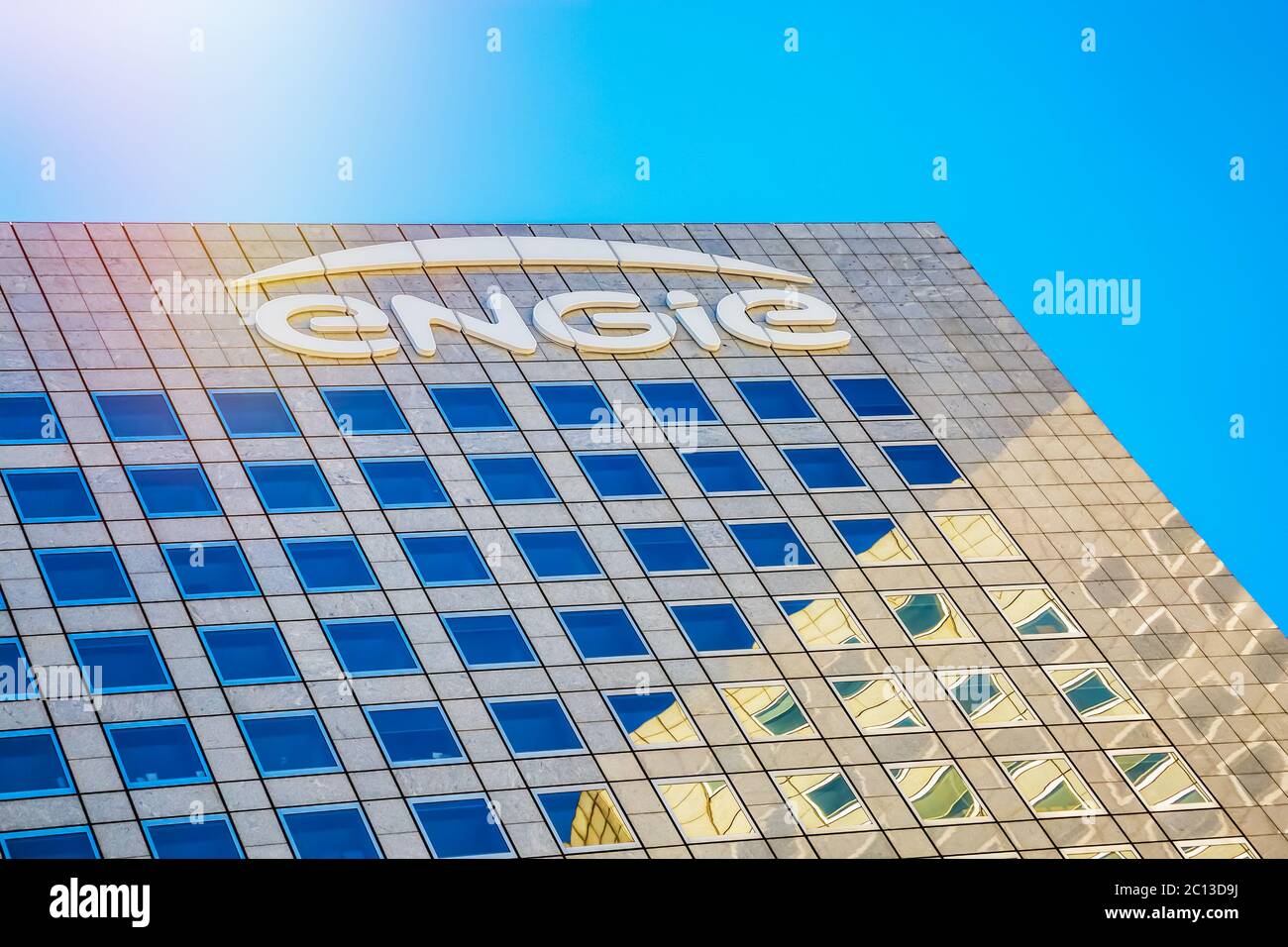 La defense, France July 17, 2016 Closeup on top of Engie tower. Engie is a French