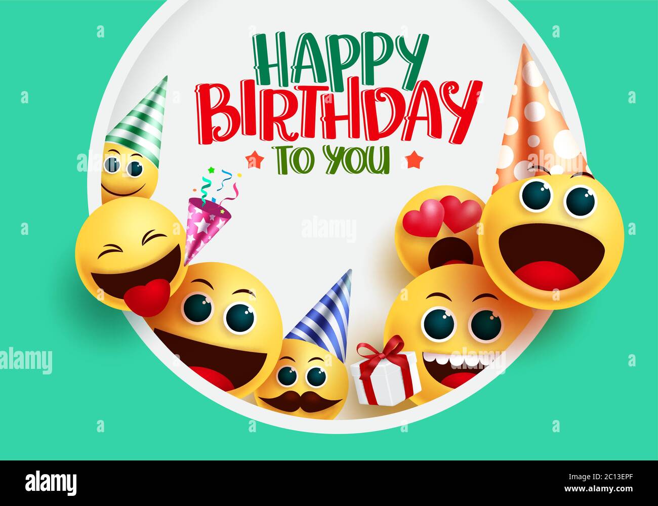 Happy birthday smiley emoji vector greeting design. Happy birthday to you greeting text with 