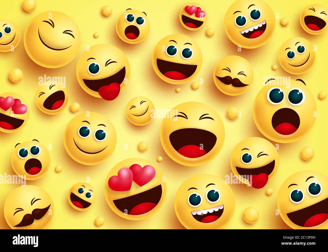 Smiley emojis in yellow background vector concept. Smileys emoji avatar character in top view with different facial expressions like in love, happy. Stock Vector