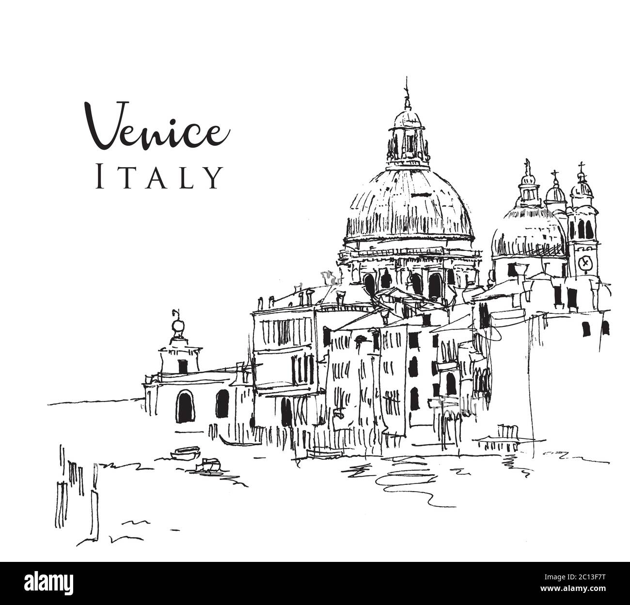 Drawing sketch illustration of the famous canals and the dome of the Basilica Santa Maria della Salute in Venice, Italy Stock Vector