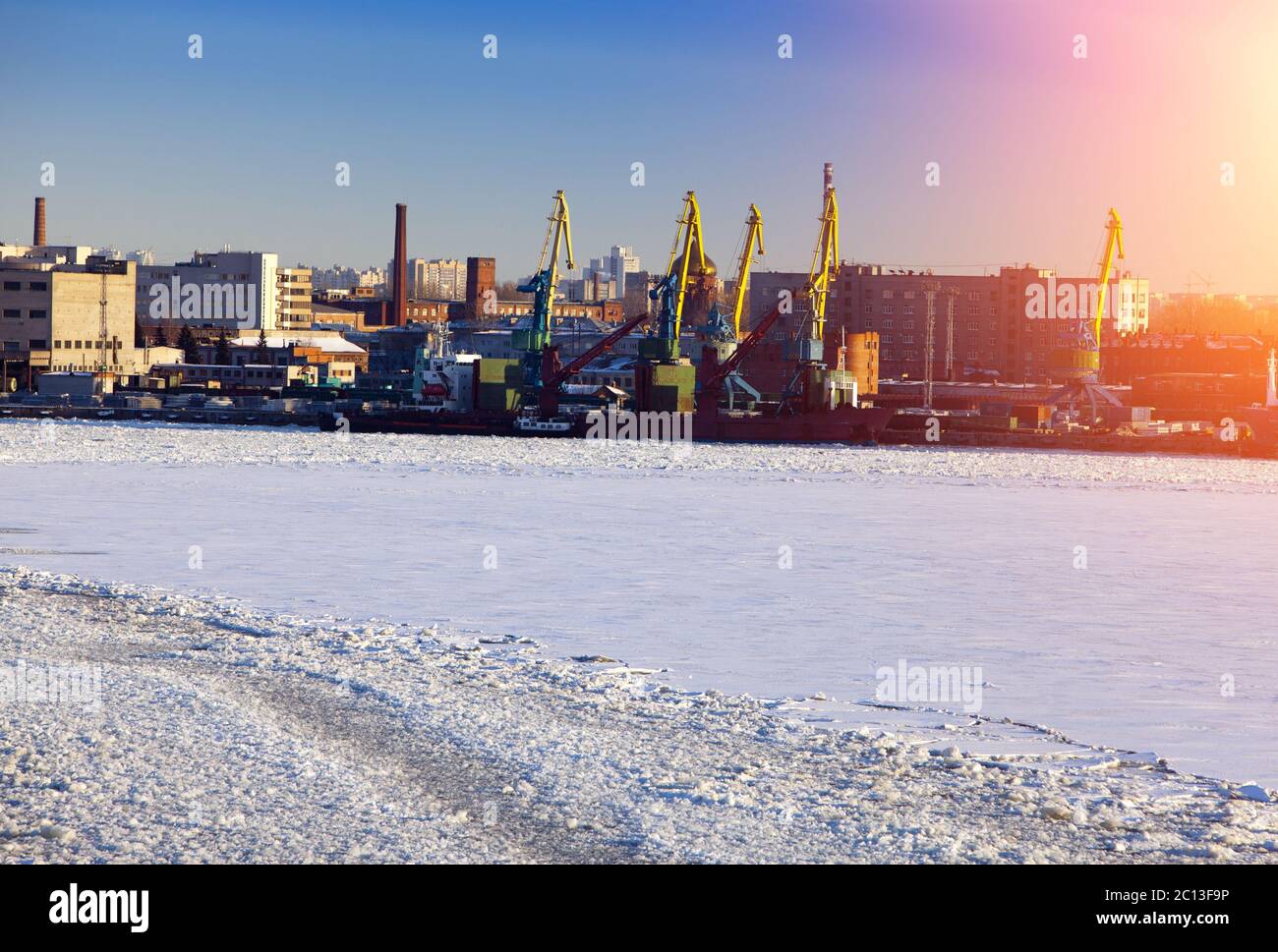 St. Petersburg. Seaport. Russia.View from the Gulf of Finland covered with ice Stock Photo