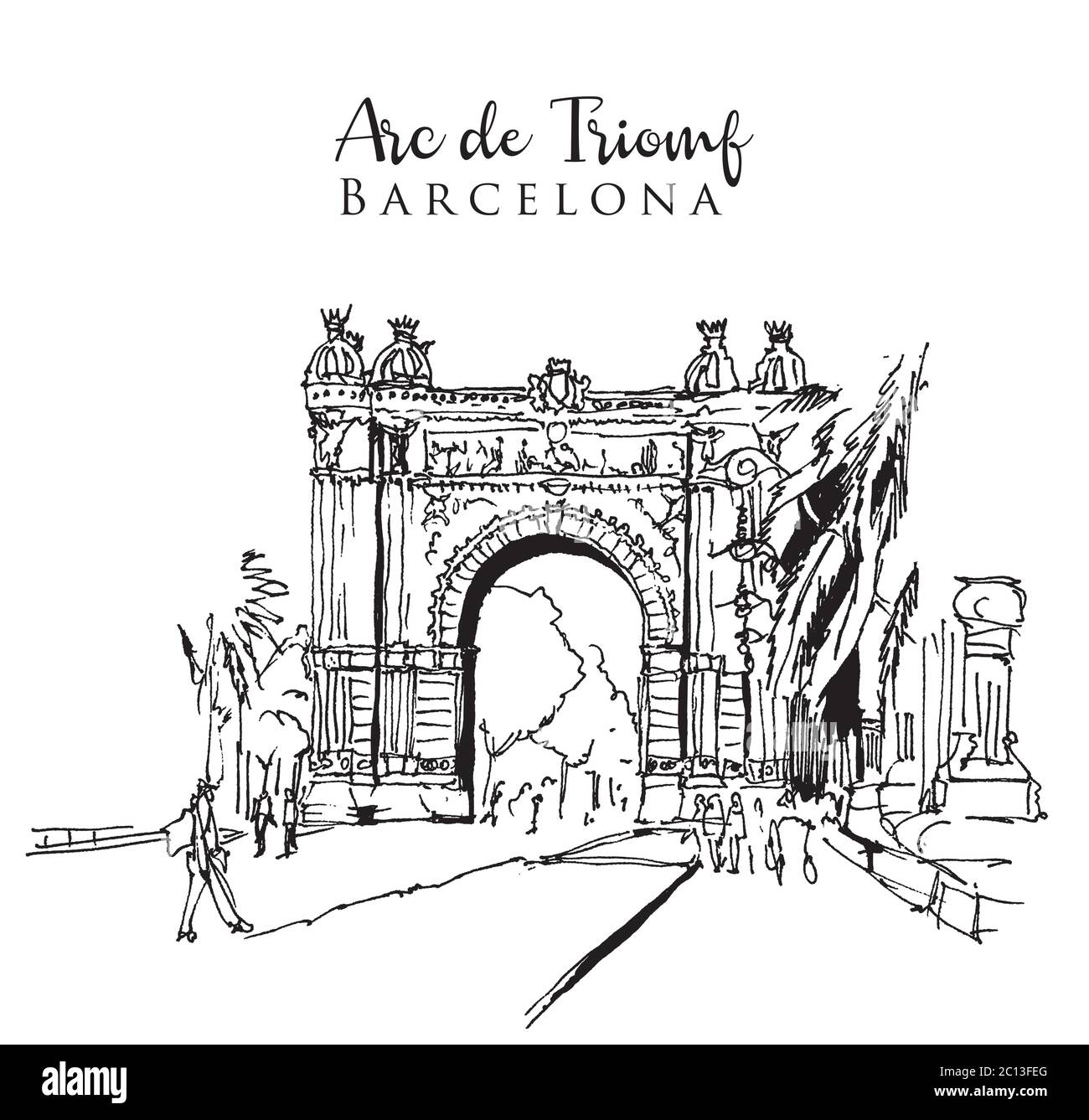 Drawing sketch illustration of the Arc de Triomf in Barcelona, Spain Stock Vector