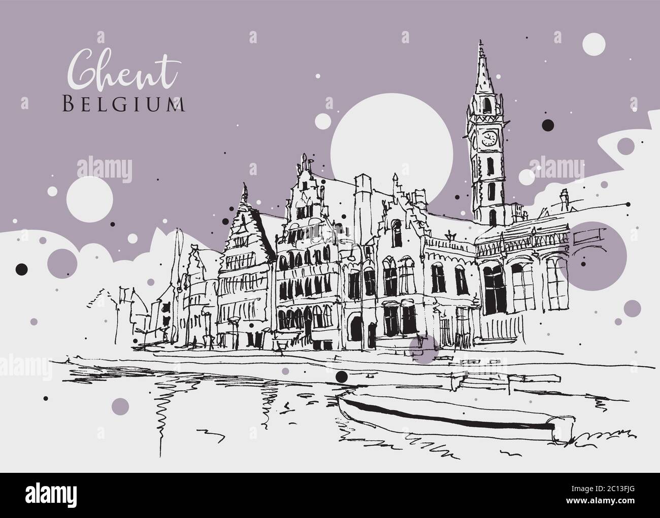 Drawing sketch illustration of Ghent, buildings around Leie River, northwest Belgium Stock Vector