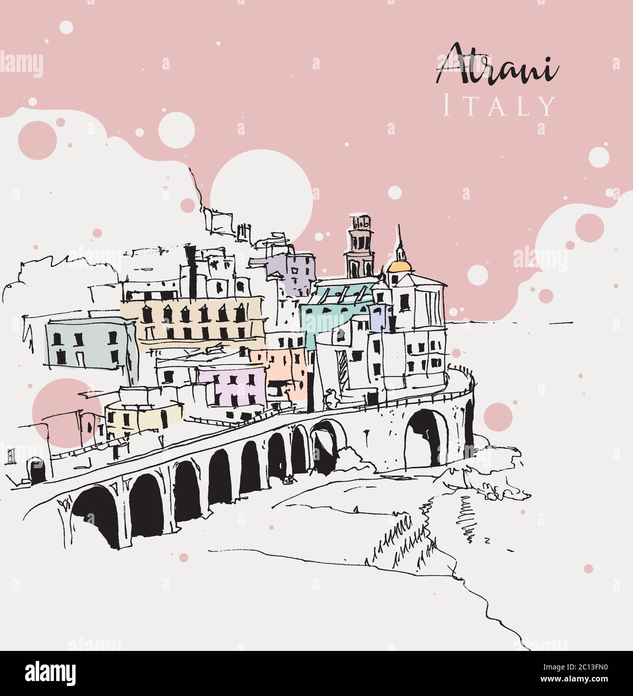 Drawing sketch illustration of Atrani, the smallest village in south-western Italy. Stock Vector