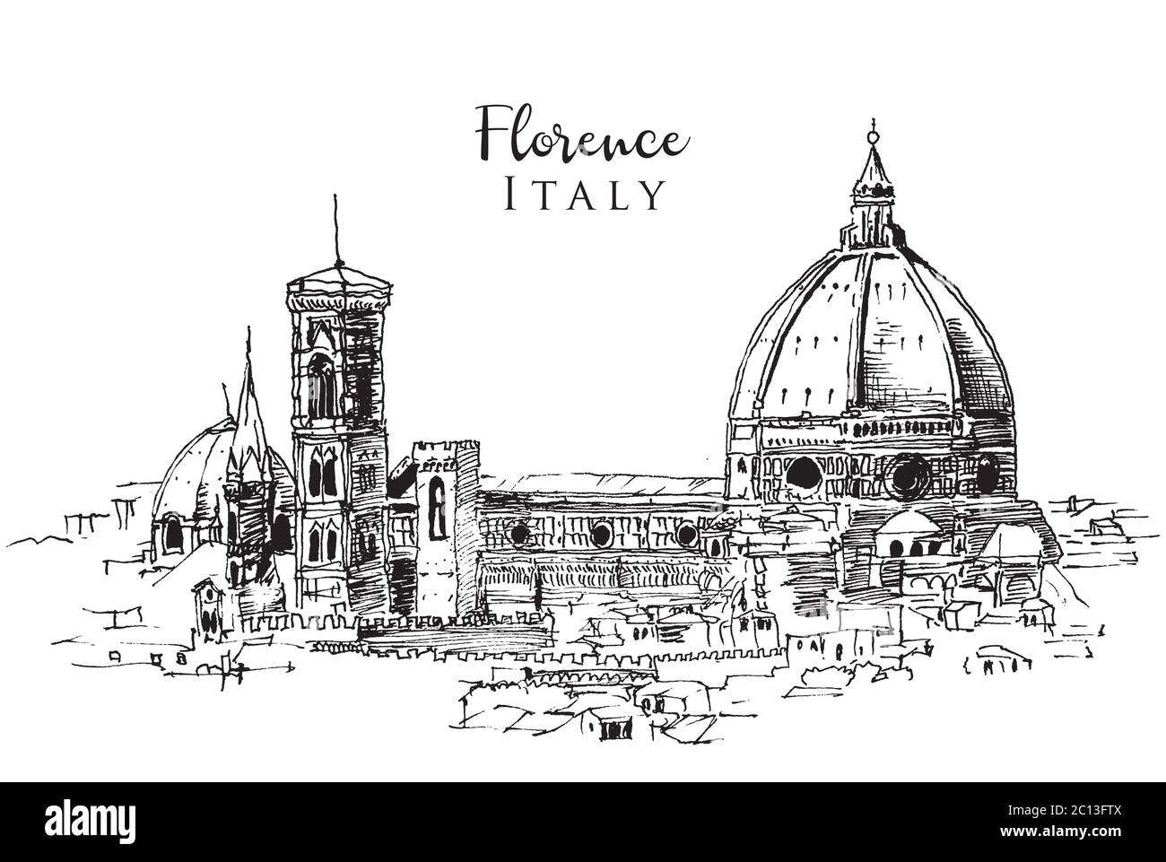 Drawing sketch illustration of the Cathedral of Santa Maria del Fiore in Florence, Italy Stock Vector