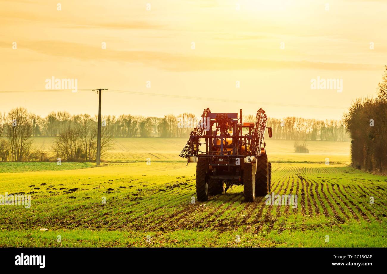 Tractor preparing to spray pesticides in a field Stock Photo