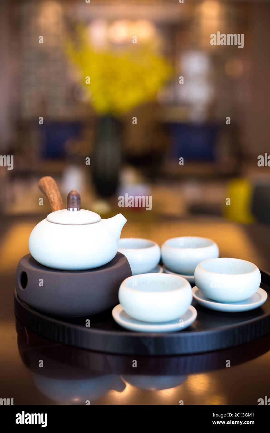elegant chinese tea set on plate Stock Photo