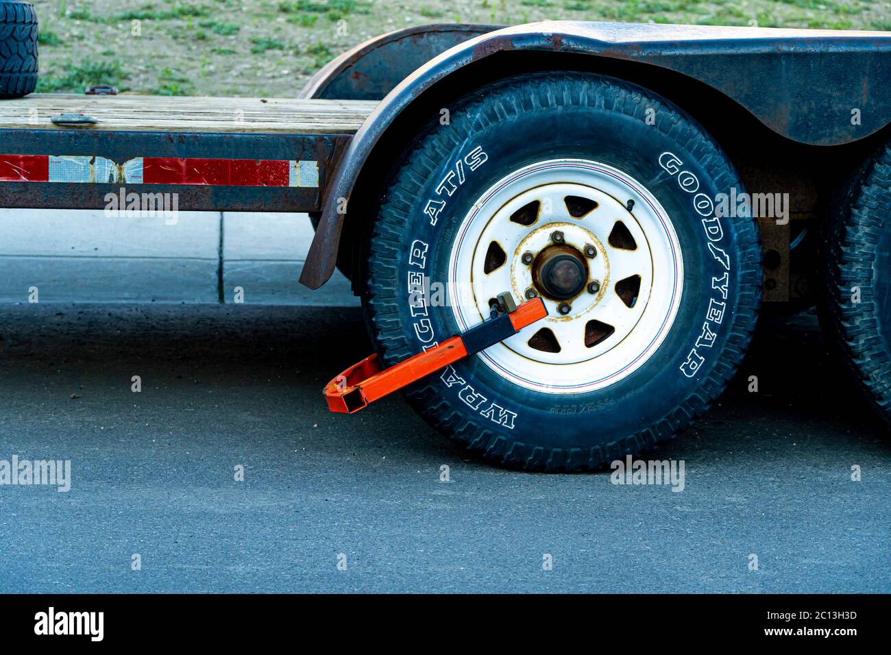June 30 2019 Calgary , Alberta Canada Clamped wheels on a trailer