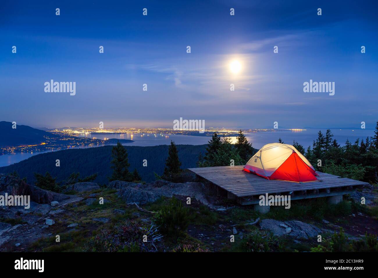 Camping Tent on top of a Mountain with Canadian Nature Landscape Stock ...
