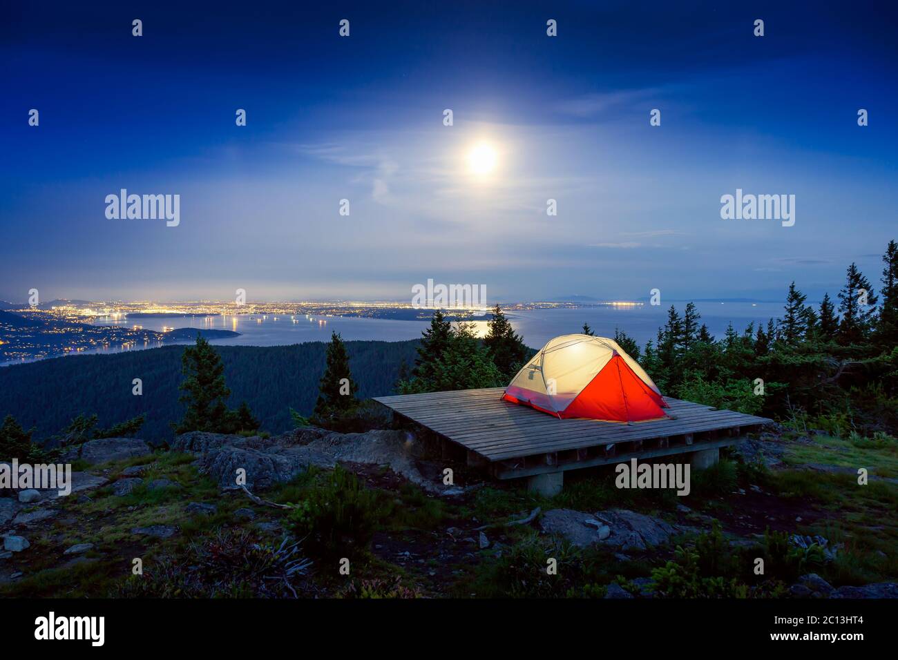 Camping Tent on top of a Mountain with Canadian Nature Landscape Stock ...