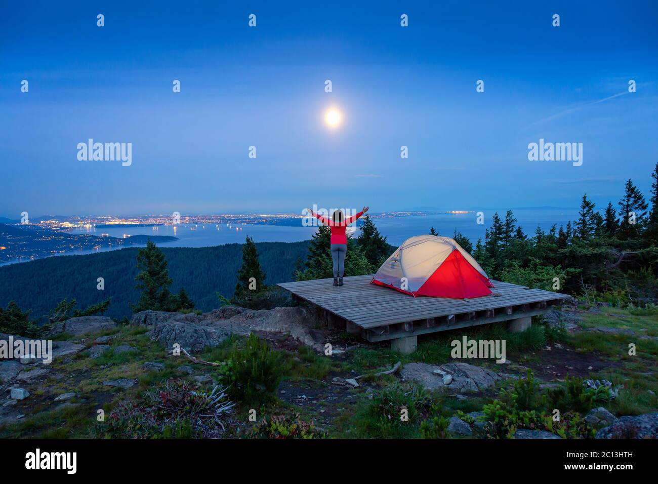 Camping Tent on top of a Mountain with Canadian Nature Landscape Stock ...