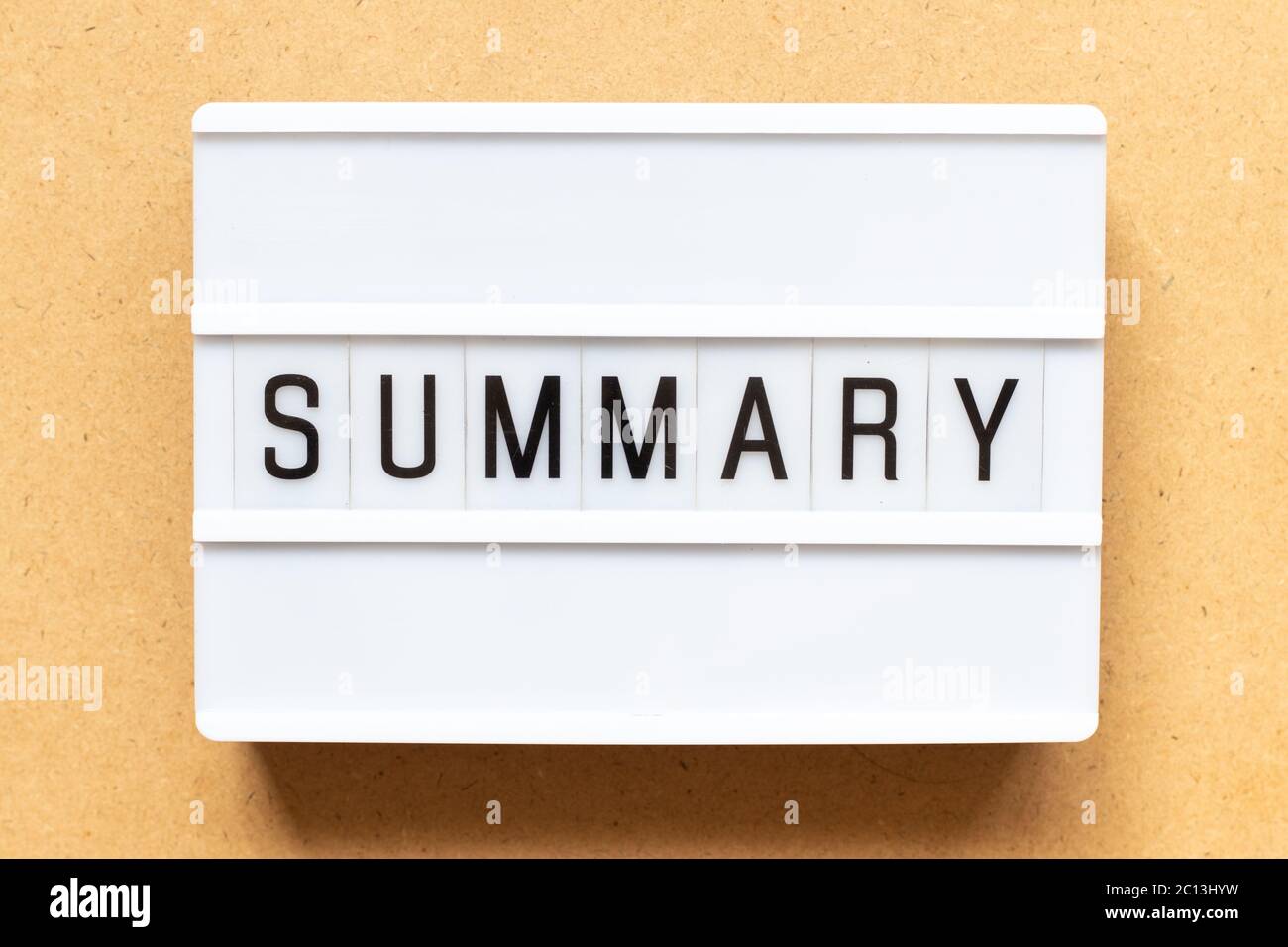 Lightbox with word summary on wood background Stock Photo