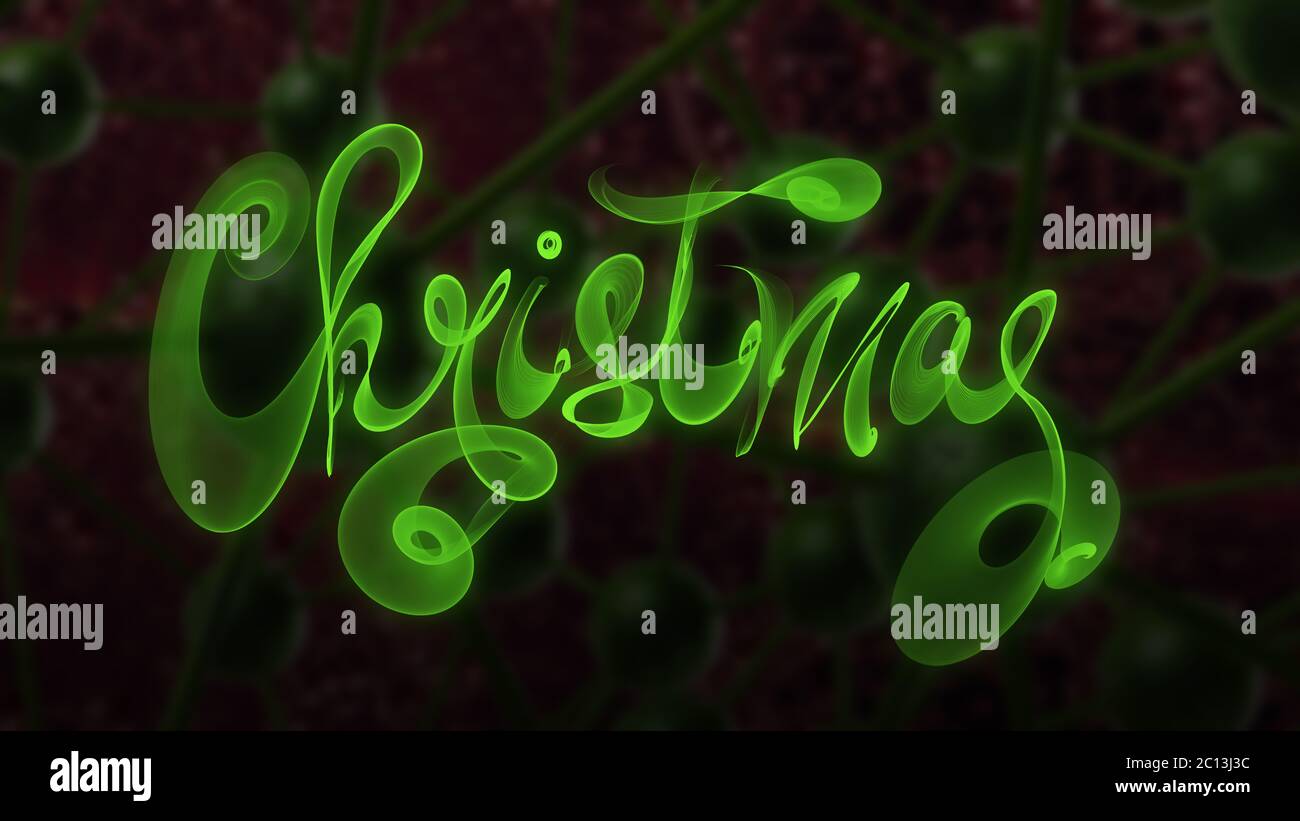 Christmas word lettering written with green fire flame or smoke on molecular hitech network background. 3d illustration Stock Photo
