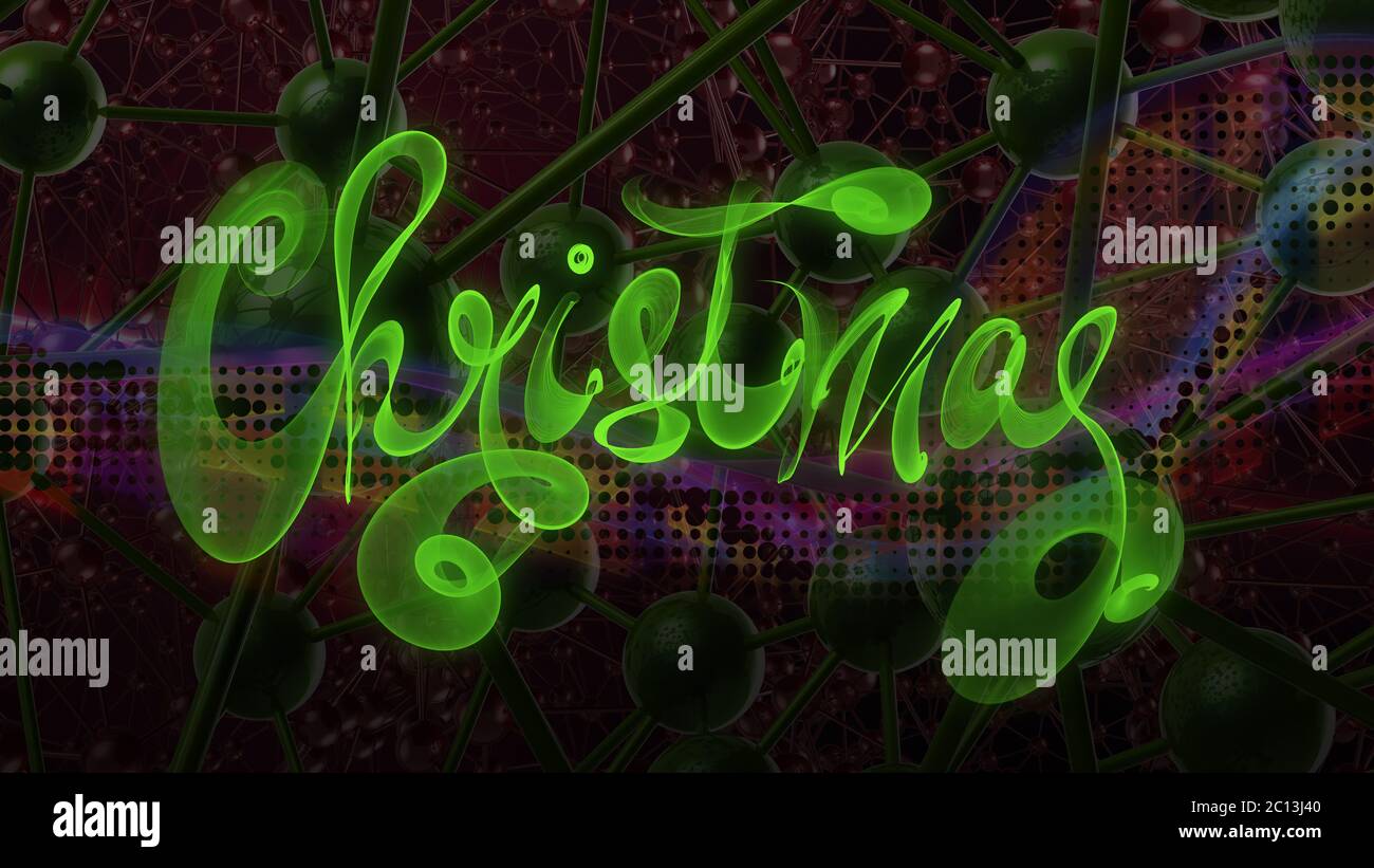 Christmas word lettering written with green fire flame or smoke on molecular hitech network background. 3d illustration Stock Photo