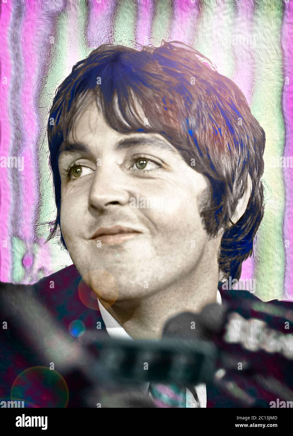Paul McCartney at a press conference on May 14, 1968, New York.  Here John and Paul described their vision and their hopes for their new Apple Corp. Image colorized from 35mm B&W negative. Stock Photo