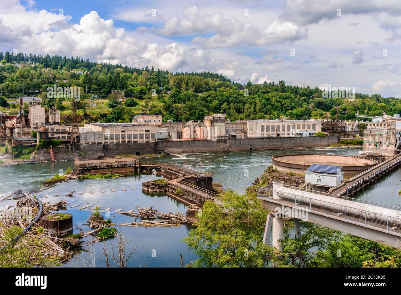 Image capture at view point located in Oregon City, Oregon. This is a great example of an industrial Waterfalls. Stock Photo