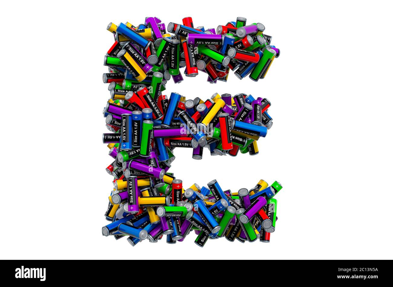 Letter E from colored AA batteries, 3D rendering isolated on white ...