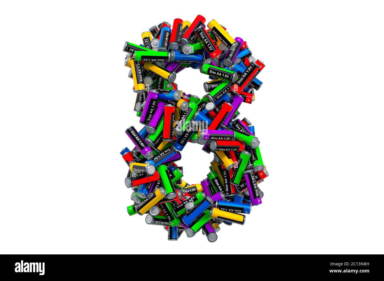 Number 8 from colored AA batteries, 3D rendering isolated on white ...