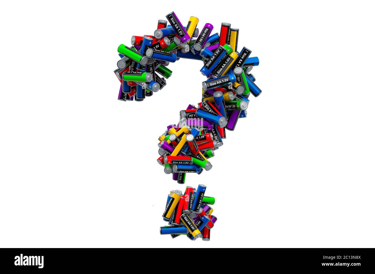 Question mark from colored AA batteries, 3D rendering isolated on white