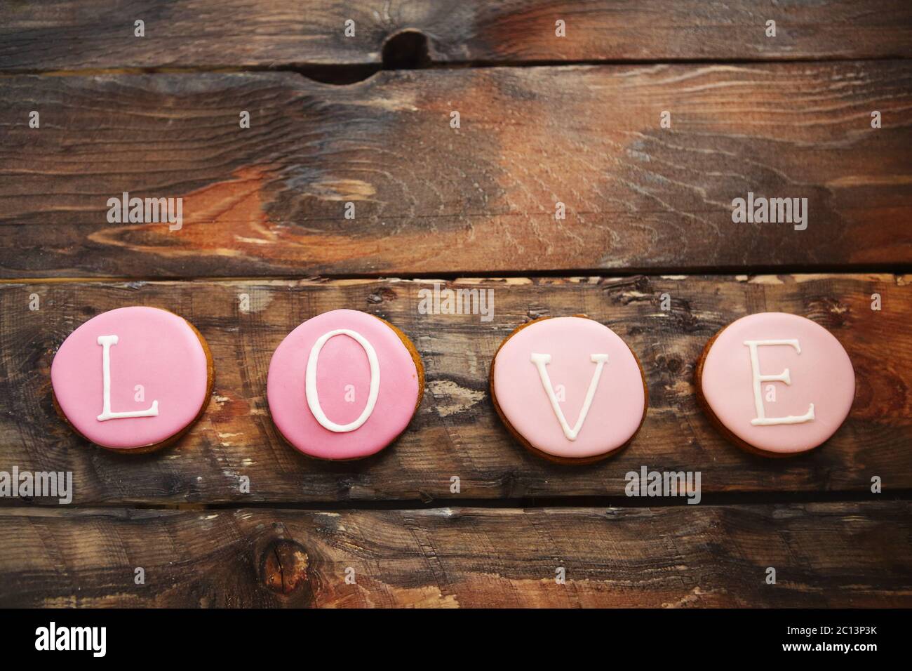 Word love  from baked cookies for the day of Valentine Stock Photo