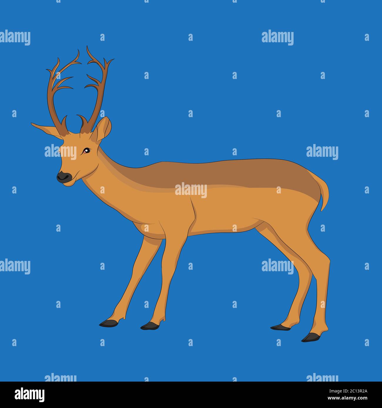 Hand drawn vector image of Deer on blue background. Deer standing alone ...