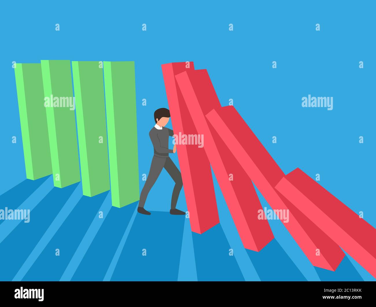 Businessman pushing bar graph that are falling due to covid-19 or ...
