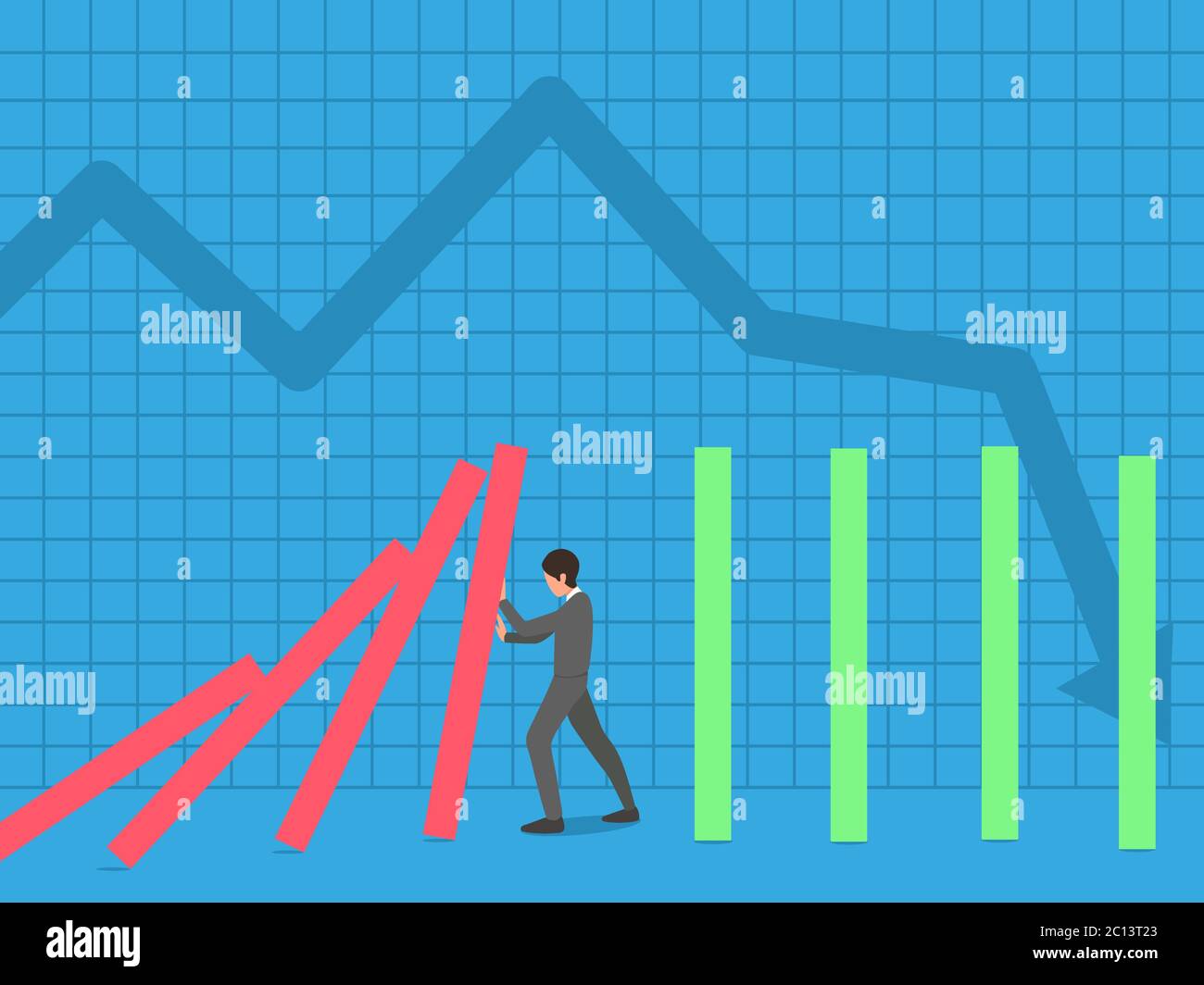 Global Risis Bar Graph Businessman pushing bar graph that are falling due to covid-19 or ...
